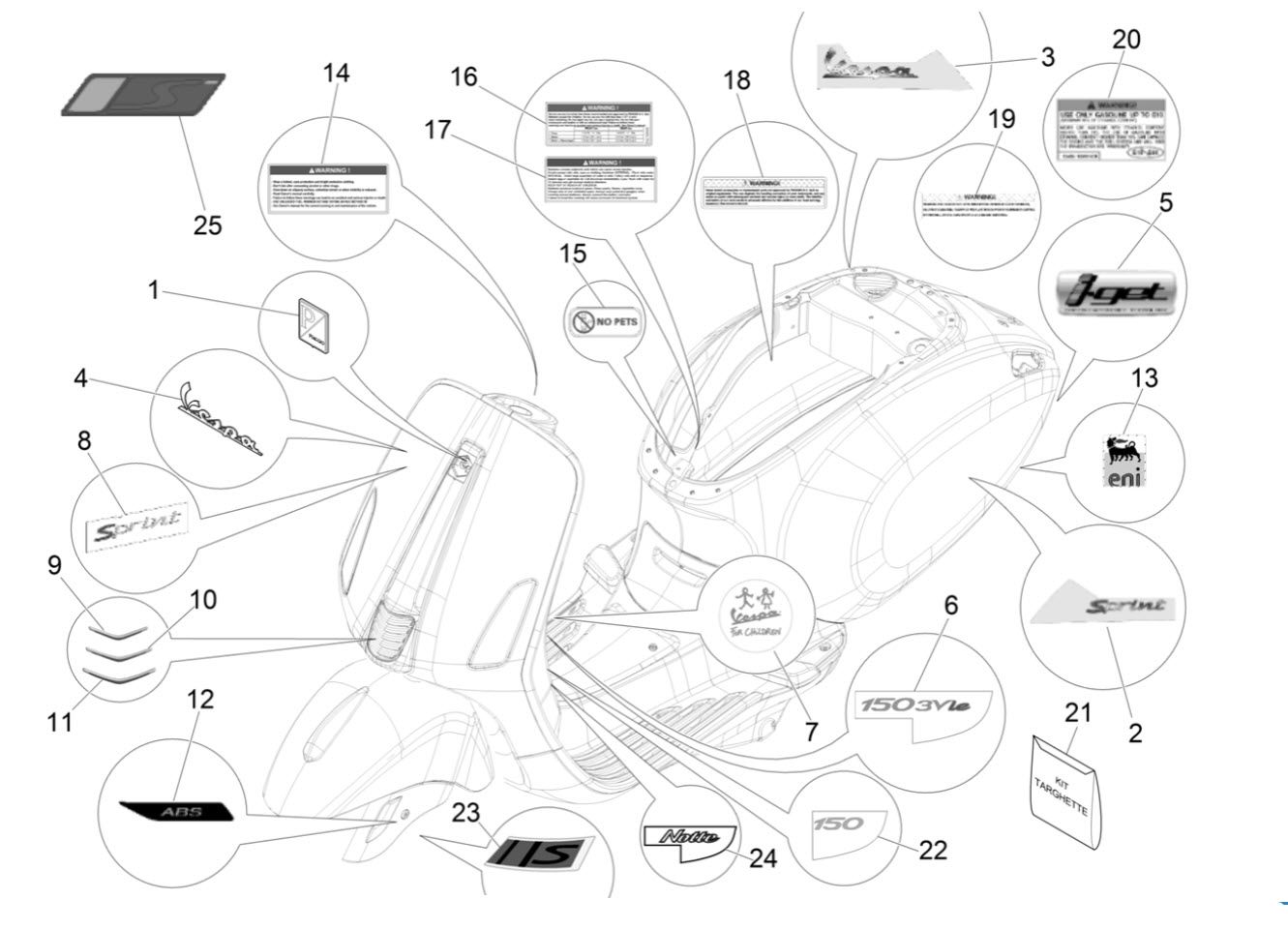  Vespa Sprint 150 Badges & Decals 2015-Current