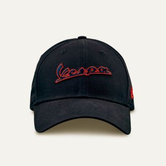 VESPA DEC BASEBALL CAP HAT NEW ERA ORIGIN (BLACK WITH DARK BLUE/ORANGE VESPA SCRIPT)